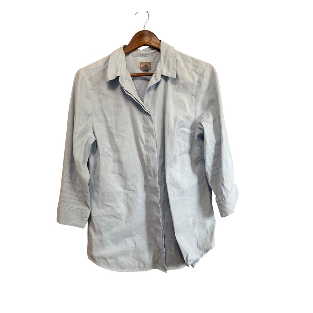 Chico's Button Down Shirt Womens‎ 1 Light Blue Excellent 3/4 Sleeve Modal Blend